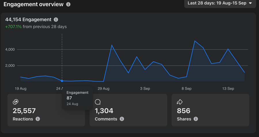 Facebook engagement overview showing 44,154 engagements over 28 days