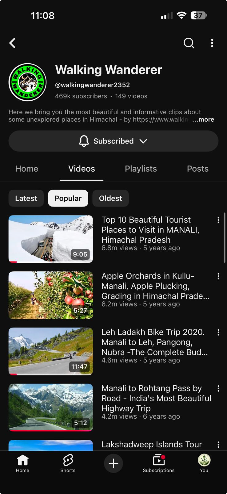 Walking Wanderer YouTube channel showing popular destination videos