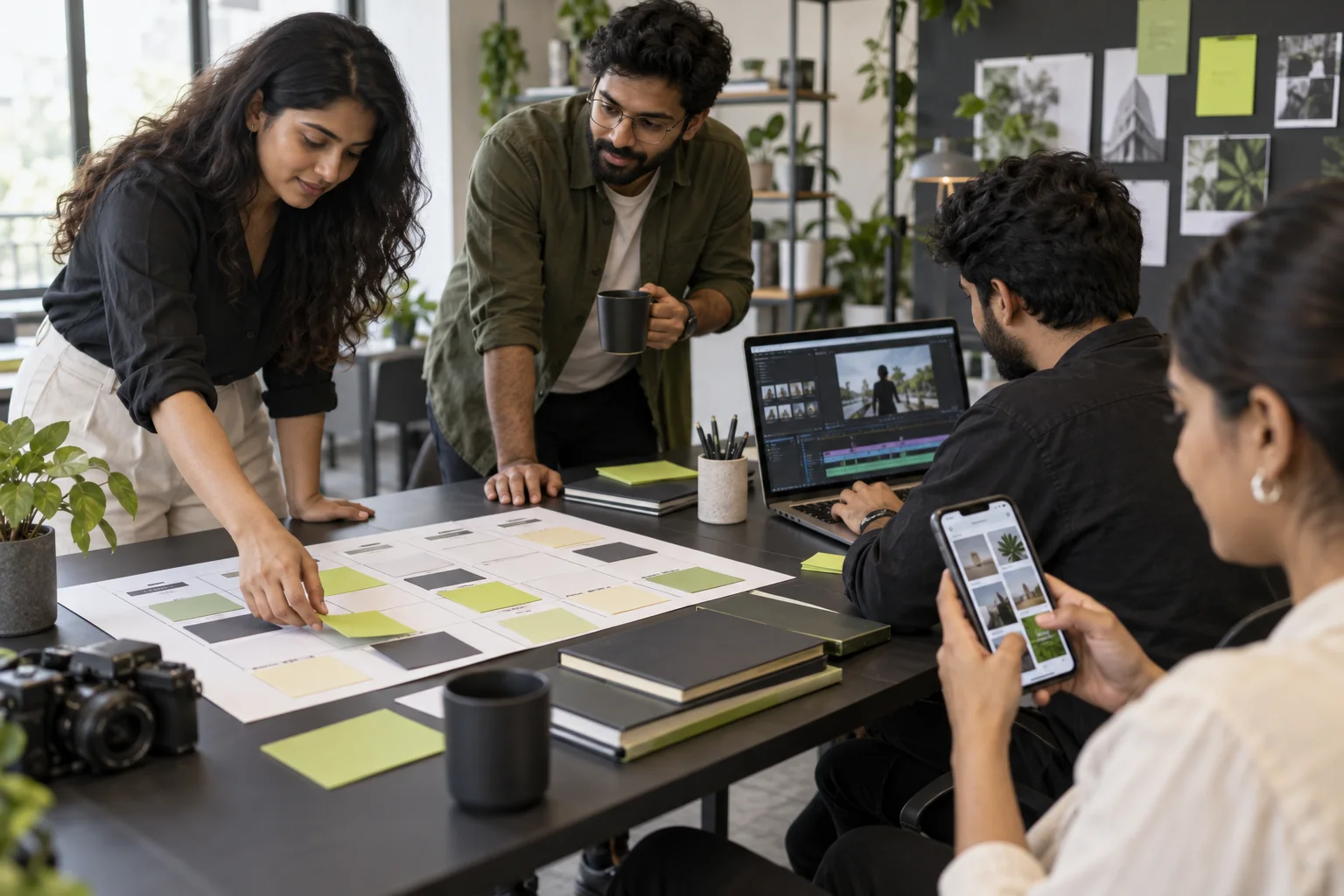 Illustrative scene of a creative team planning social content and editing video