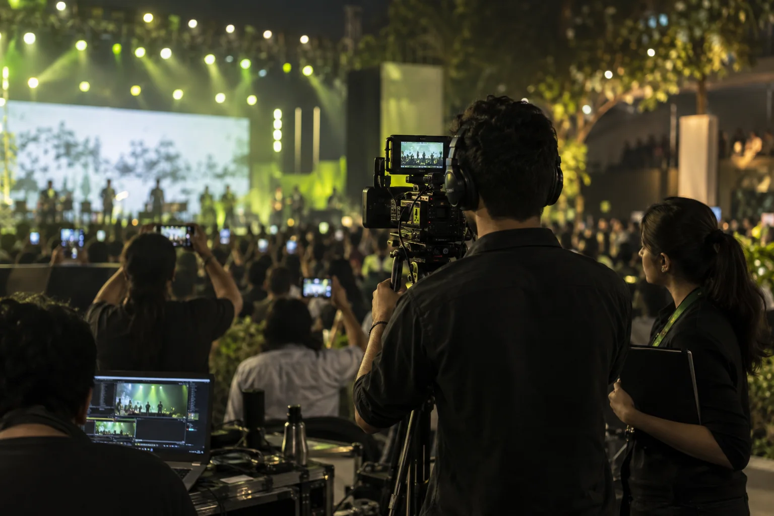 Illustrative scene of a camera team covering a public event
