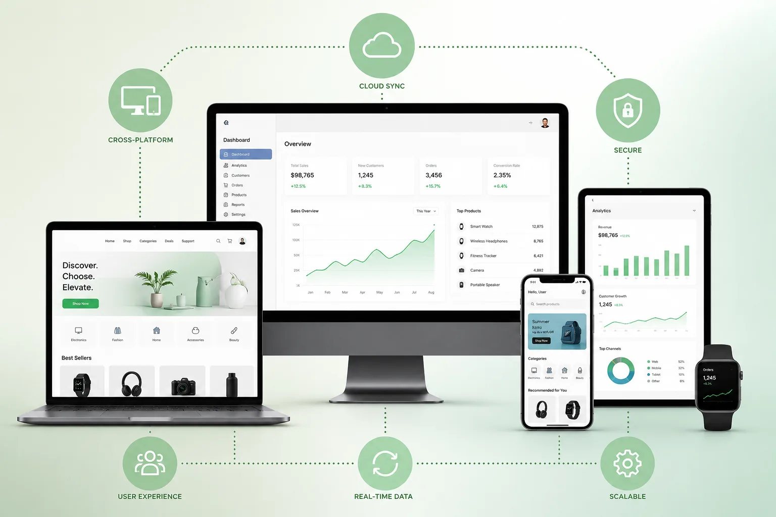 Mobile app screens and connected digital devices