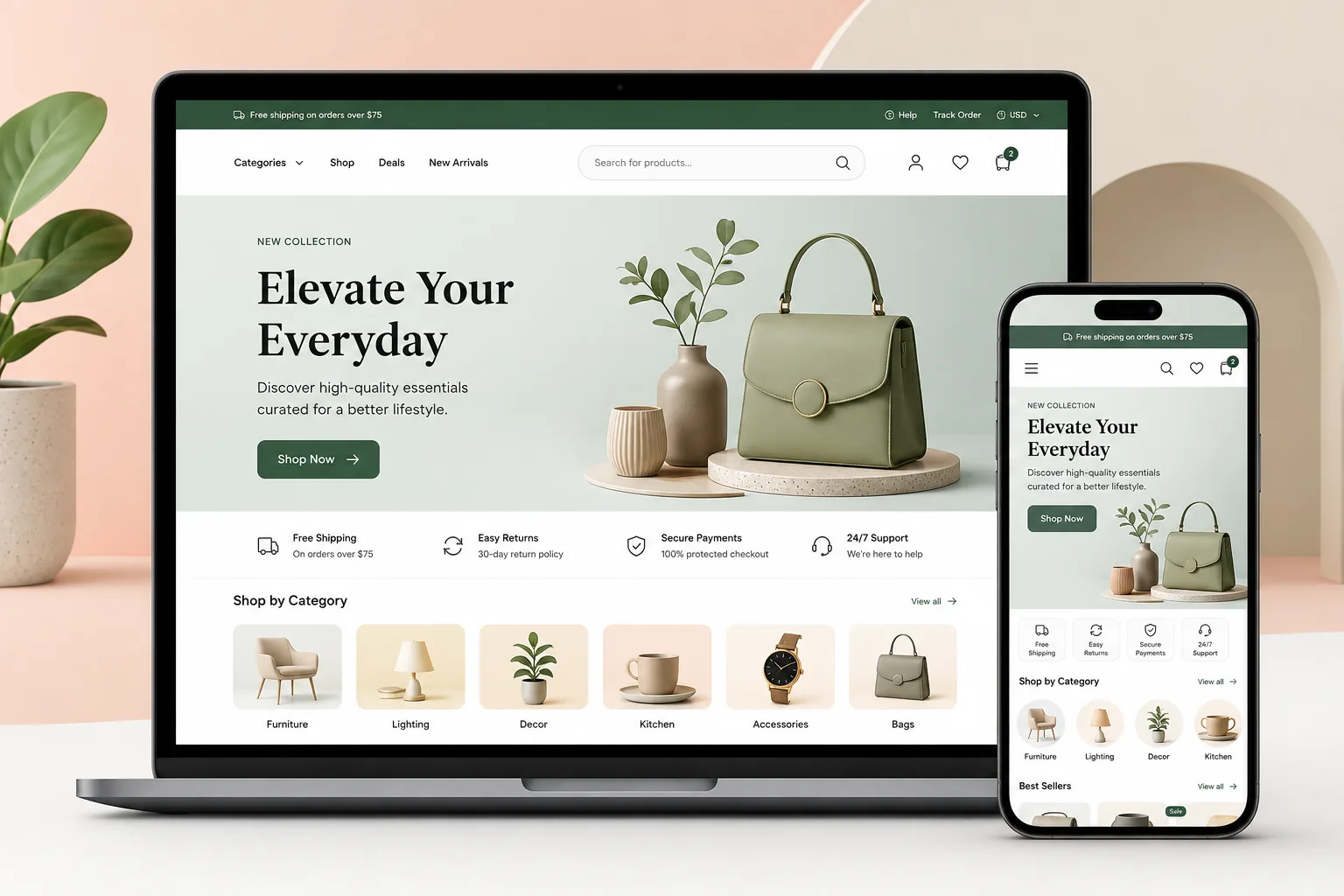 Illustrated ecommerce storefront displayed across devices