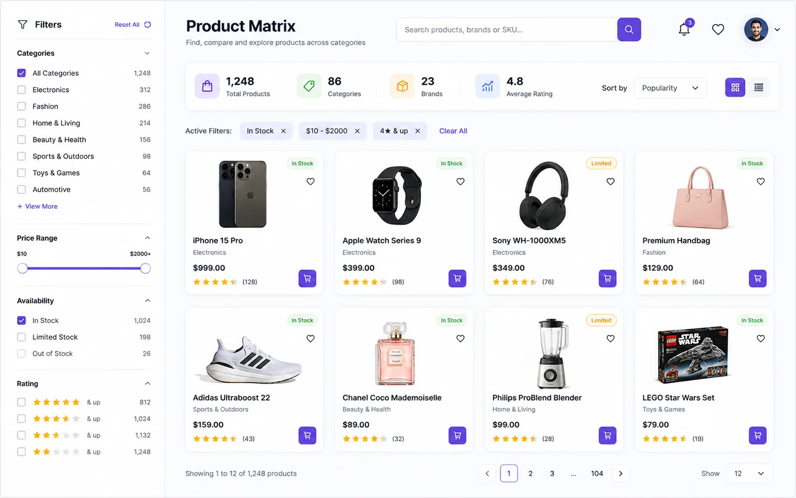 Examples of connected website and digital product interfaces